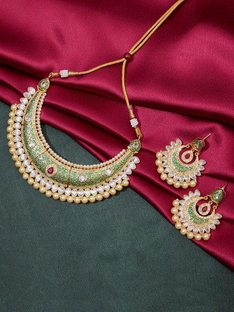 

GloBox By ZeroKaata Gold-Plated Green & Beige Kundan-Studded Enamelled Beaded Handcrafted Jewellery Set