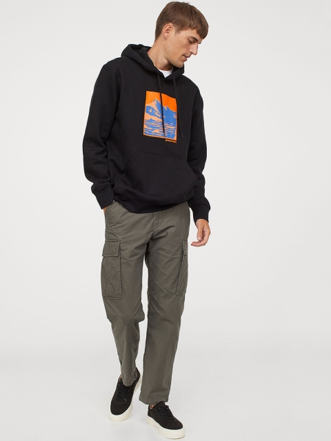 

H&M Men Black & Orange Printed Hooded Sweatshirt