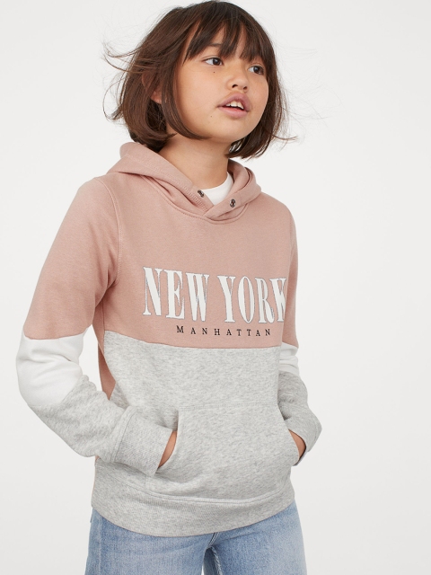 

H&M Girls Grey Melange & Old Rose Pink Printed Hoodie