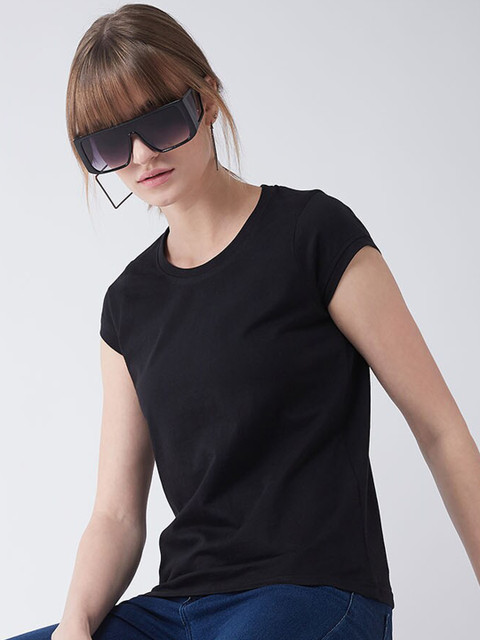 

Miss Chase Women Black Solid Round Neck Pure Cotton T-shirt