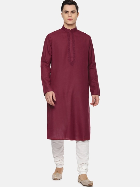 

Louis Philippe Men Maroon & White Solid Kurta with Pyjamas