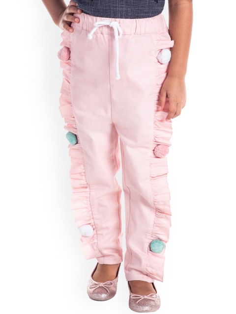 

Cherry Crumble Girls Pink Regular Fit Solid Regular Trousers with Pom Pom Detail