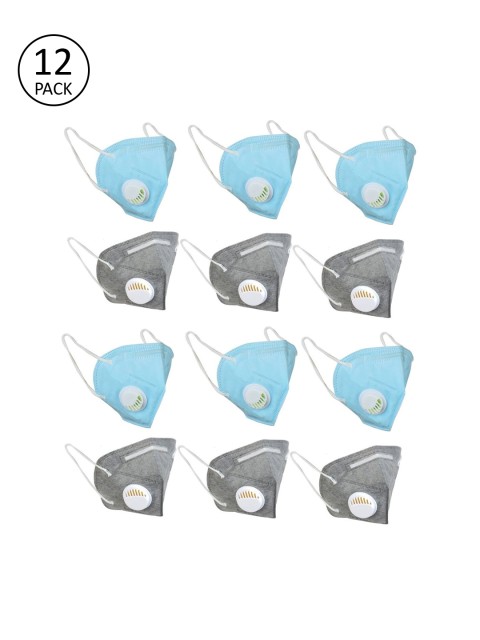 

OOMPH Unisex 12 Pcs Solid 5-Ply Valved Anti-Pollution Reusable KN95 Masks, Blue