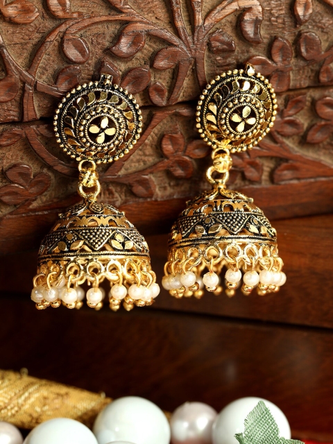 

ANIKAS CREATION Gold-Plated & Black Antique Dome Shaped Jhumkas