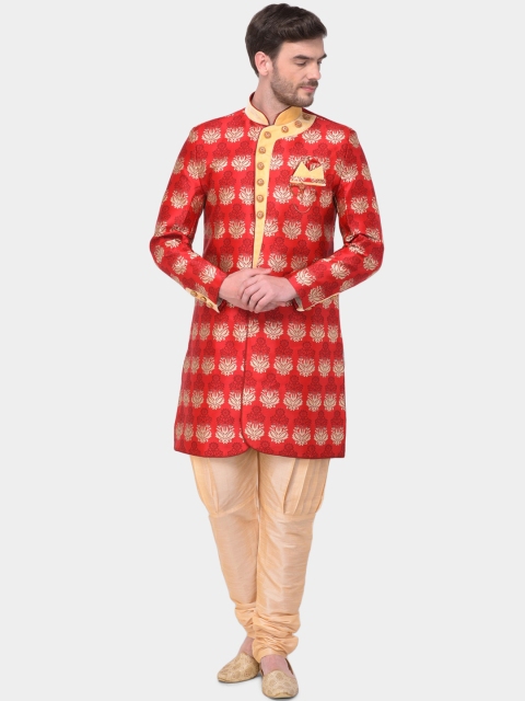 

SG RAJASAHAB Men Red & Beige Printed Raw Silk Sherwani Set