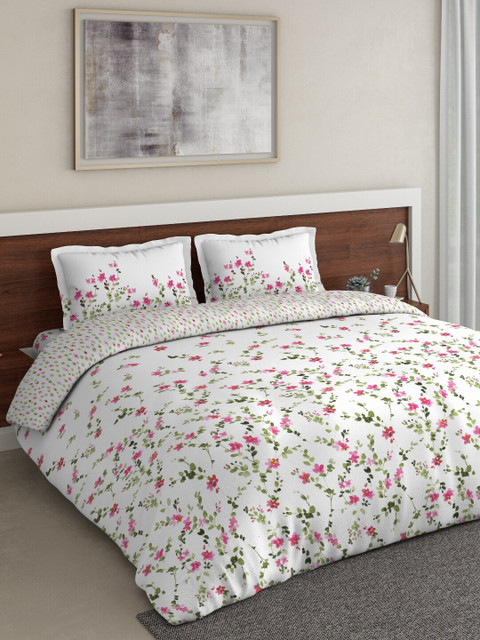 

DDecor White & Pink Floral Printed Double Queen Bedding Set