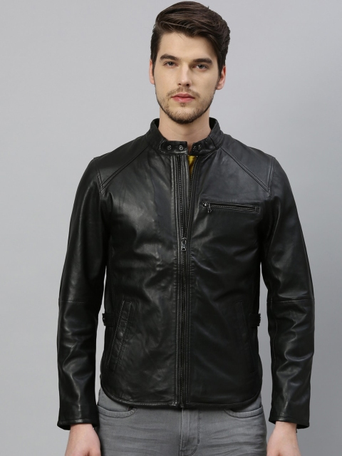 

RARE RABBIT Men Black Solid Insulator Leather Jacket