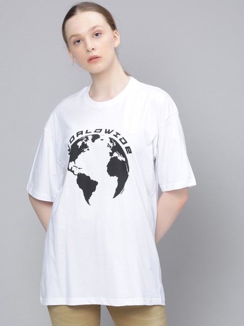 

DILLINGER Women White Printed Round Neck Oversized T-shirt