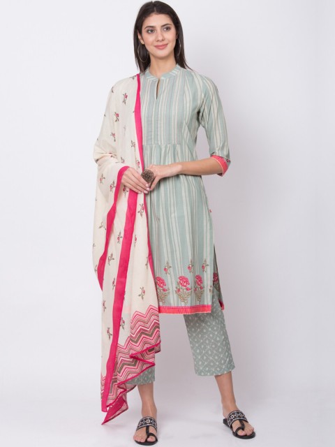 

Biba Women Green & Off-White Striped Kurta with Trousers & Dupatta