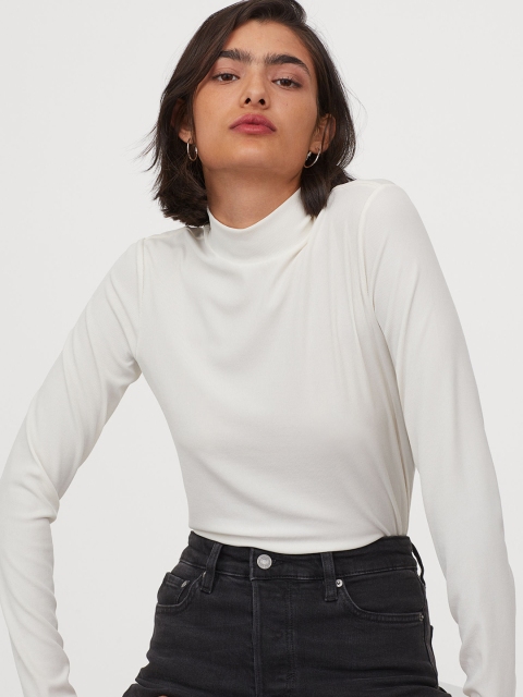

H&M Women Off White Ribbed Turtleneck Top