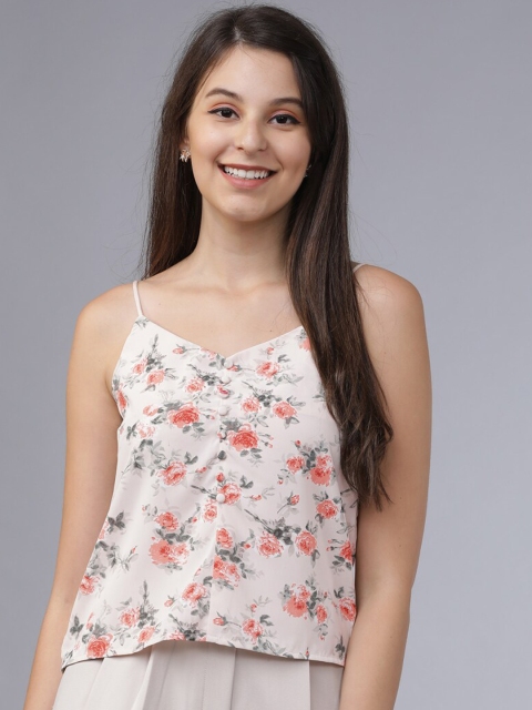 

Tokyo Talkies Women White & Peach Floral Print A-Line Top
