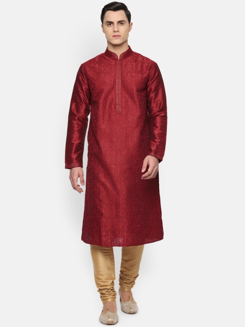 

Louis Philippe Men Maroon & Gold-Toned Embroidered Kurta with Churidar