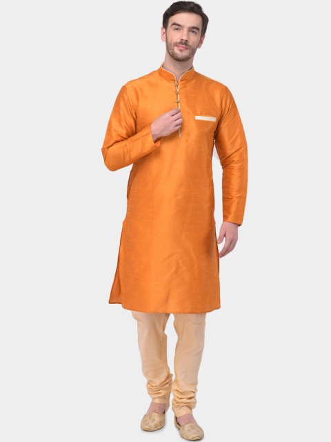 

SG LEMAN Men Orange & Beige Solid Dupion Silk Kurta with Churidar