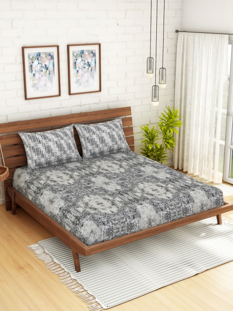 

SPACES Grey & White Abstract 210 TC Cotton 1 Queen Bedsheet with 2 Pillow Covers