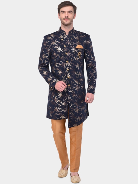 

SG RAJASAHAB Men Navy Blue & Gold-Coloured Raw Silk Sherwani Set