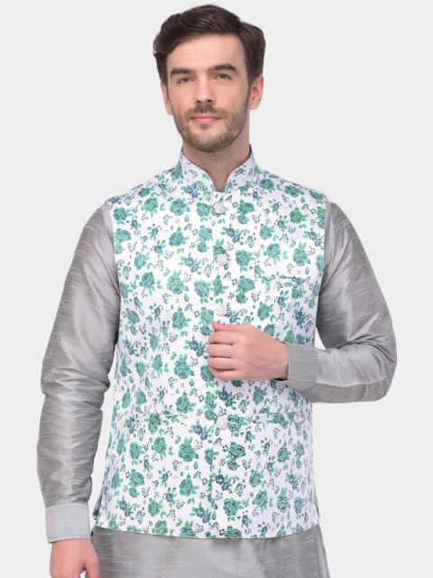 

SG LEMAN Men White & Green Printed Satin Nehru Jacket
