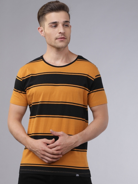 

Ecko Unltd Men Mustard Yellow & Black Striped Round Neck Slim Fit T-shirt