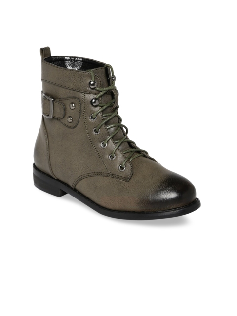 

red pout Women Olive Green Textured High-Top Flat Boots