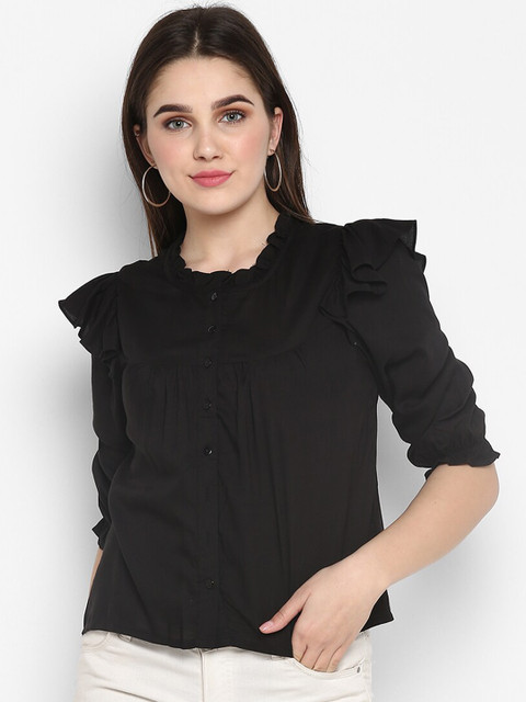 

FOSH Women Black Solid Boxy Top with Ruffle Detail