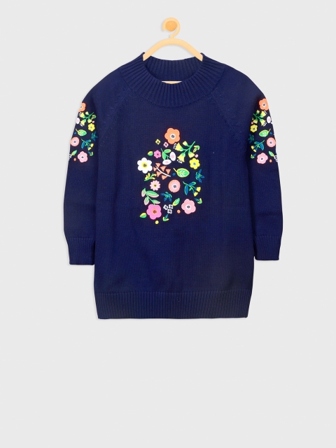 

Cherry Crumble Girls Navy Blue Embroidered Sweater Dress