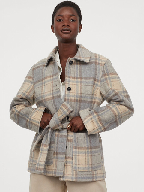 

H&M Women Grey Checked Tie-belt Jacket