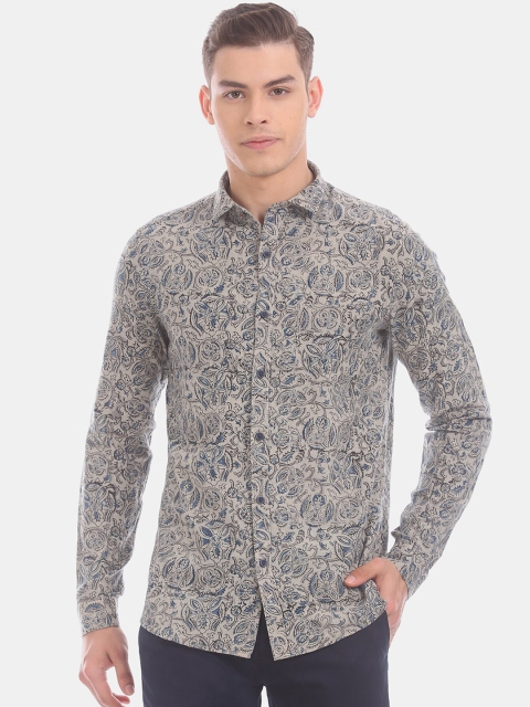 

True Blue Men Grey & Blue Slim Fit Printed Casual Shirt
