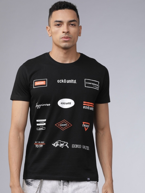 

Ecko Unltd Men Black & White Brand Logo Print T-shirt