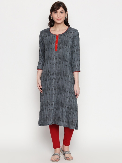 

ZRI Women Grey & Black Geometric Print Straight Kurta