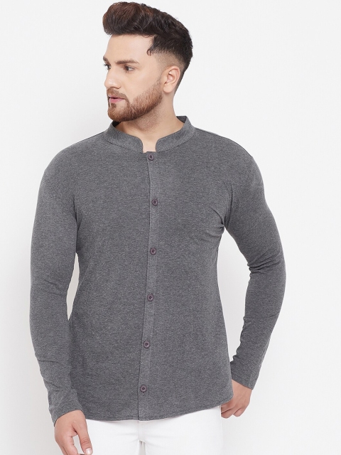 

Hypernation Men Charcoal Grey Solid Mandarin Collar Shirt