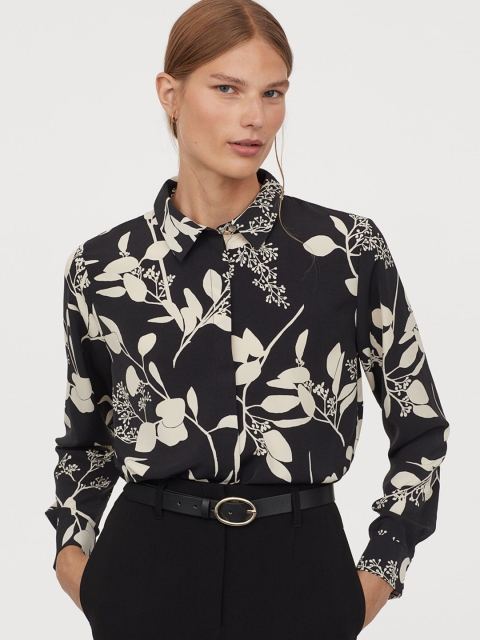 

H&M Women Black & Off-White Floral Print Long-Sleeved Blouse