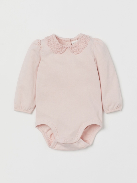 H&M Girls Pink Solid Lace-Collar Bodysuit