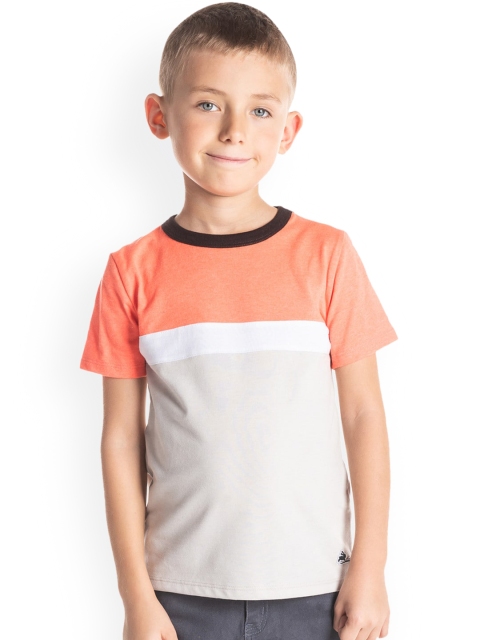 

Cherry Crumble Boys Grey & Orange Colourblocked Round Neck T-shirt