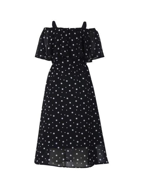 

Tiddlywings Girls Black Printed Fit and Flare Cold-Shoulder Dress