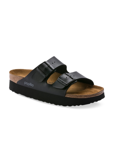 

Birkenstock Women Black Buckled Arizona Platform Narrow Width Open Toe Flats
