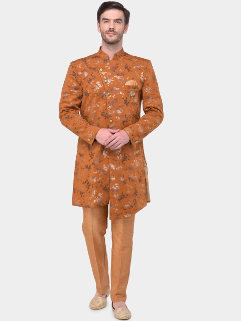 

SG RAJASAHAB Men Rust Orange & Brown Sherwani Raw Silk Set