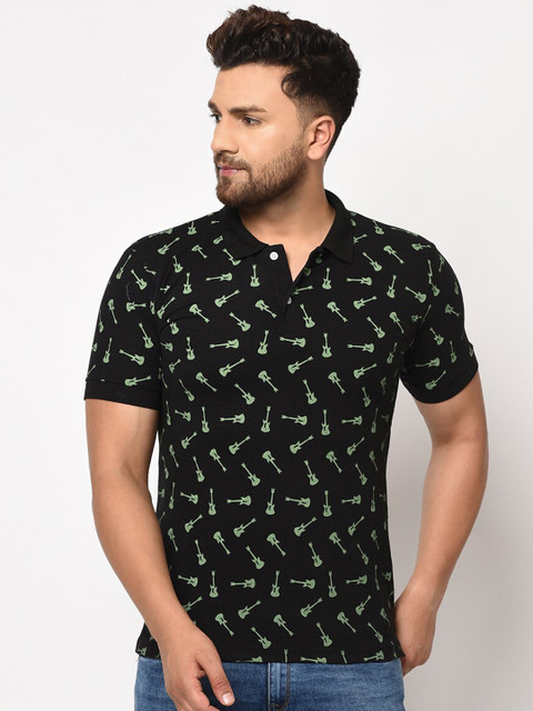 

ELEGANCE Men Black Printed Polo Collar T-shirt