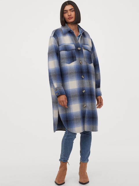 

H&M Women Blue & White Checked Long Shacket