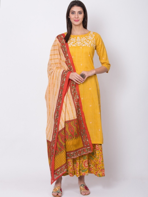 

Biba Women Yellow Embroidered Kurta with Sharara & Dupatta