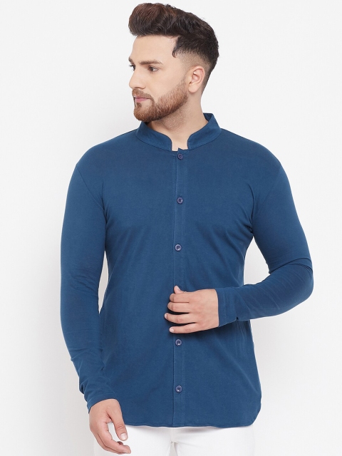 

Hypernation Men Blue Solid Mandarin Collar Shirt