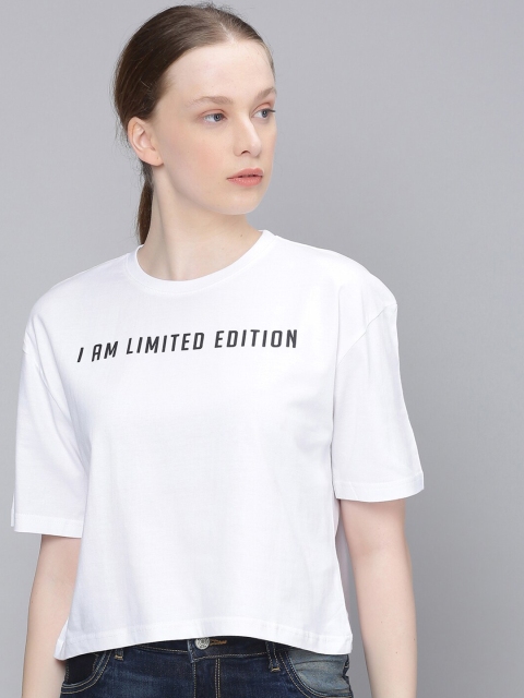 

DILLINGER Women White Printed Round Neck Boxy Fit Crop T-shirt