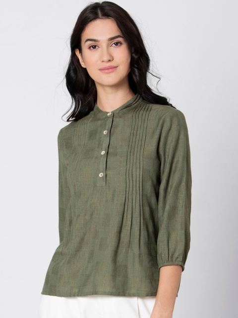 

FabAlley Women Olive Green Self Design Pure Cotton Top