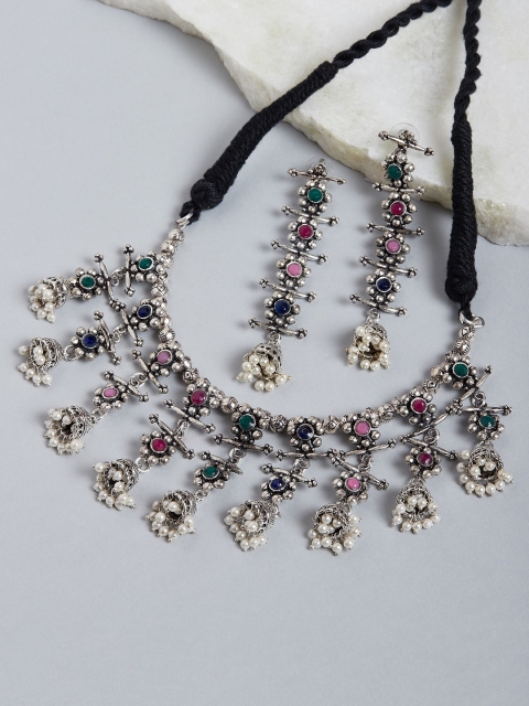 

GloBox By ZeroKaata Oxidised German Silver Pink & Green Stone-Studded Jewellery Set
