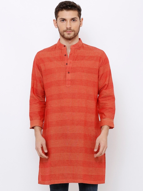 

SALWAR STUDIO Men Orange Striped Handloom Kurta