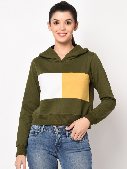 

ELEGANCE Women Olive Green & Yellow Colourblocked Hooded Sweatshirt