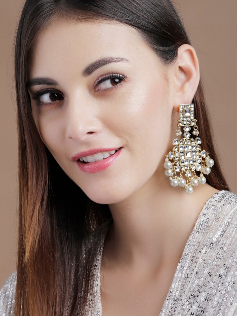 

Rubans Gold-Plated & White Contemporary Drop Earrings