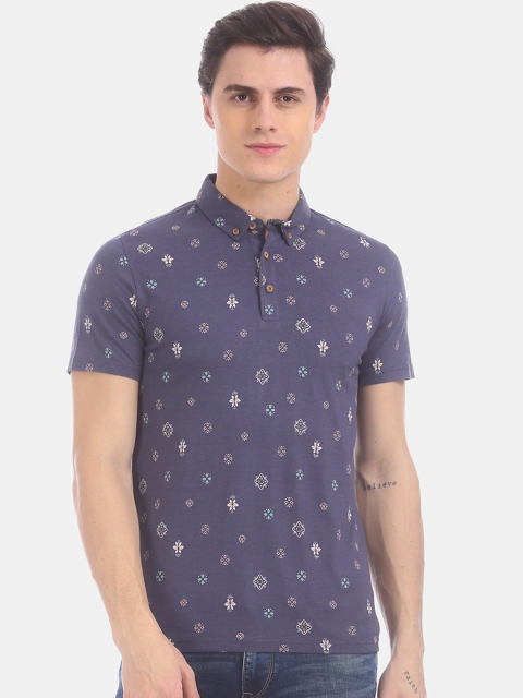 True Blue Men Blue & Off-White Floral Print Polo Collar T-shirt