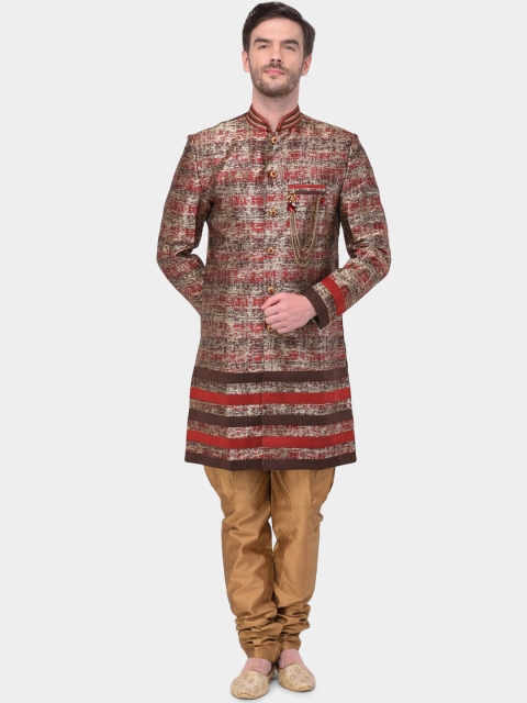 

SG RAJASAHAB Men Maroon & Brown Silk Sherwani Set