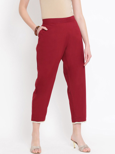 

FABNEST Women Maroon & Gold Relaxed Fit Solid Regular Trousers