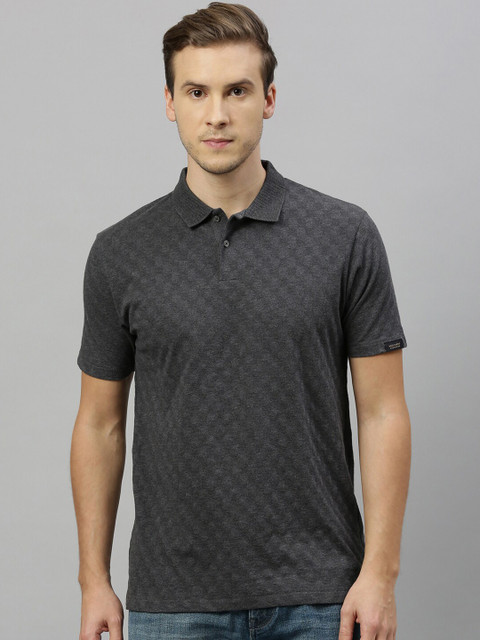 

RARE RABBIT Men Charcoal Grey Self Design Polo Collar T-shirt