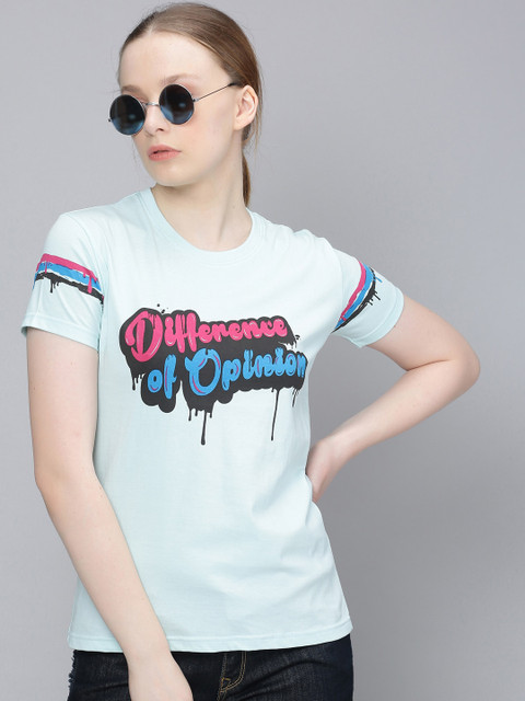 

Difference of Opinion Women Blue Printed Round Neck Pure Cotton T-shirt